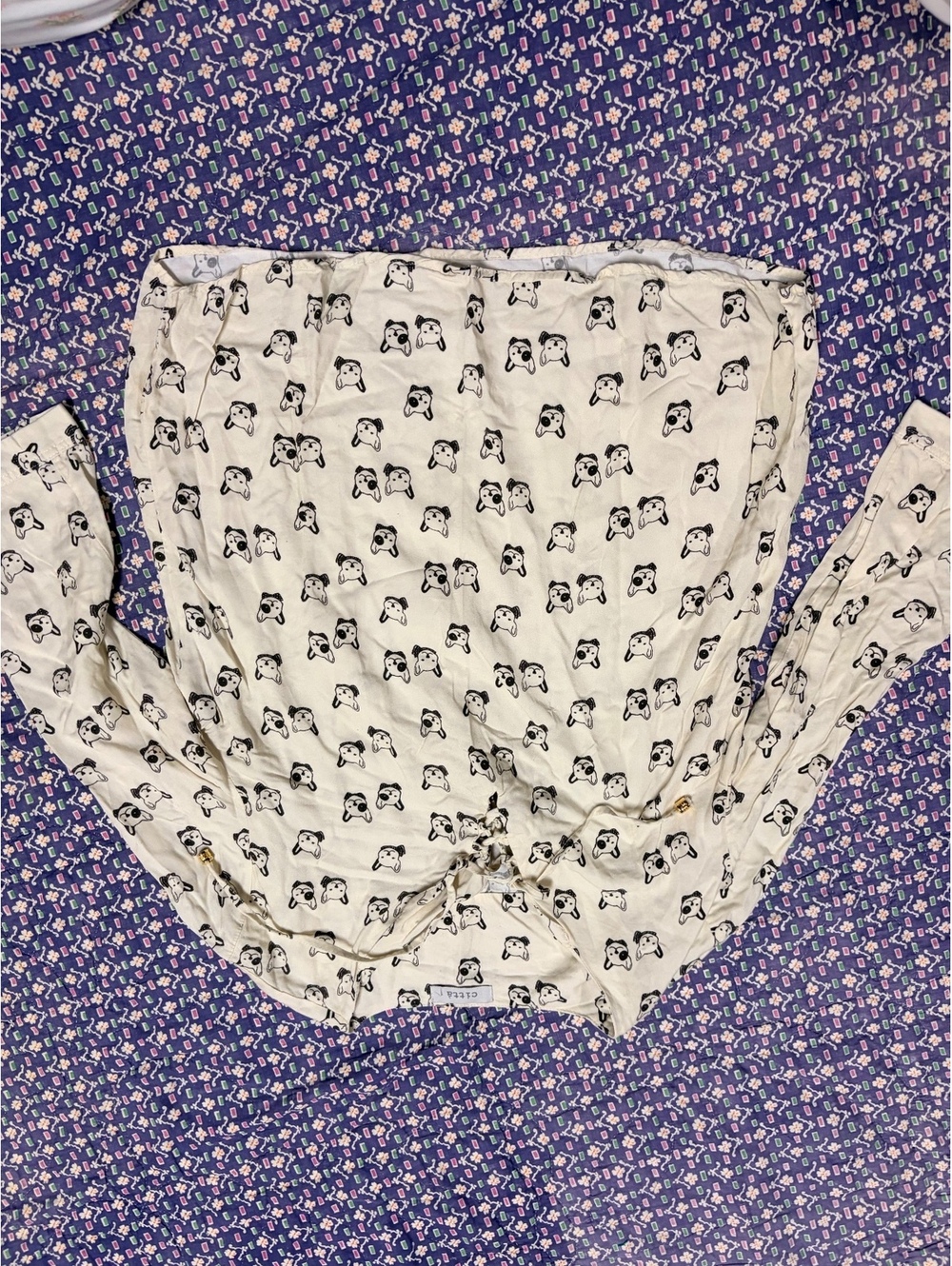 Città Cute Dog Print Long Sleeve Lace-Up Top Ivory Black Puppy Animal
